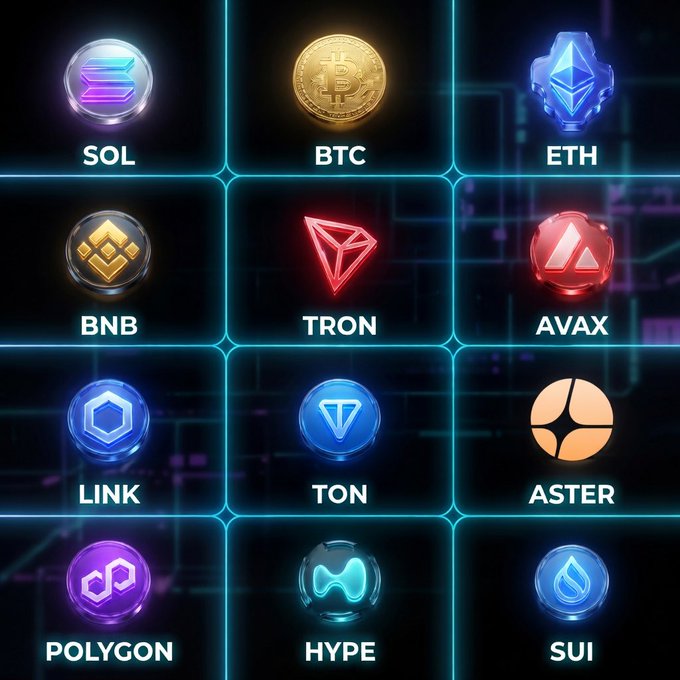 The image features a grid of twelve different logos, each representing a cryptocurrency or digital asset. These logos are displayed against a black background with neon lights, creating an eye-catching visual effect. The text accompanying the logos provides information about the respective cryptocurrencies or assets they represent.