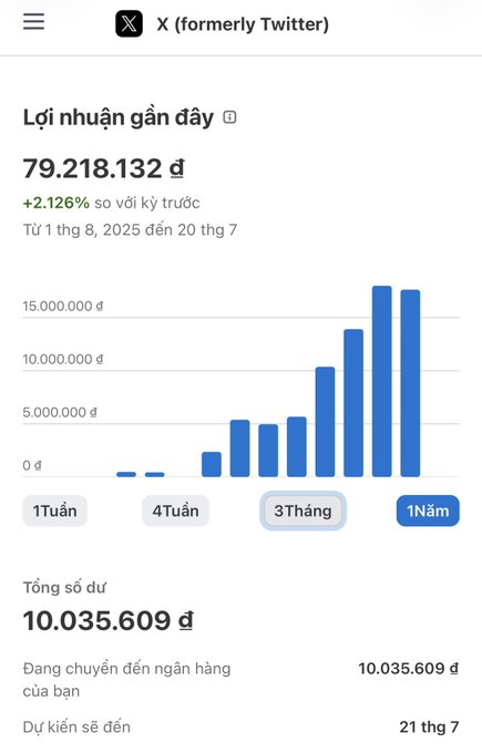 In the X (formerly Twitter) app, a graph shows recent profits increasing from 79.218.132 ₫, and the total balance is 10.035.609 ₫. This visual of increasing profits aligns with the post's message of overcoming market difficulties and achieving goals.