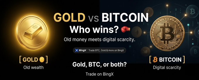 A BingX advertisement comparing 'GOLD vs BITCOIN' with the tagline 'Old money meets digital scarcity' and 'Gold, BTC, or both? Trade on BingX,' showing gold coins on the left and a Bitcoin on the right.