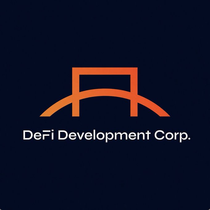 DeFi Development Corp. logo featuring an orange stylized bridge icon on a navy background with the company name displayed below. The image serves as the branding for the Solana treasury firm highlighted in the article about its recent $SOL acquisitions.