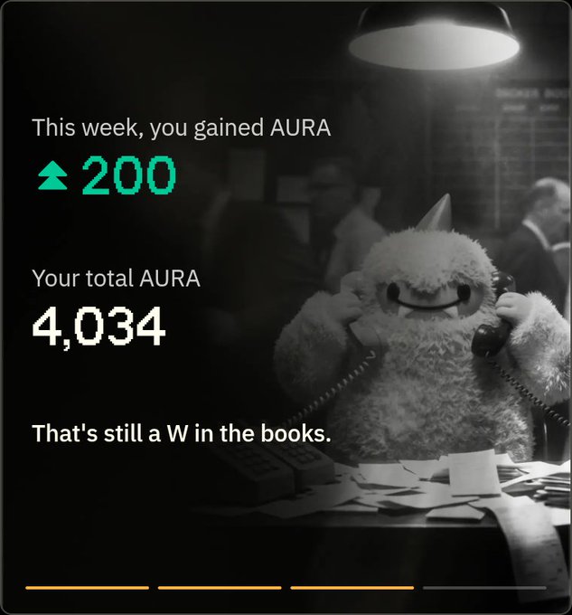 A dark-themed gamification app screen displaying 'This week, you gained AURA 200' with a total of '4,034' and the message 'That's still a W in the books,' featuring a fluffy white monster character holding a vintage telephone.