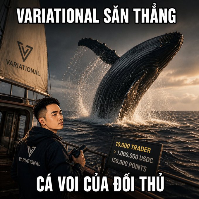 The image shows a man in a Variational jacket standing on a boat facing a massive breaching whale, with the headline "VARIATIONAL SĂN THẶNG" (Variational Direct Hunt) at the top and "CÁ VOI CỦA ĐỐI THỦ" (Competitor's Whale) at the bottom. A sign displays "10,000 TRADER > 1,000,000 USDC 150,000 POINTS," visually representing Variational's aggressive campaign to poach 10,000 active perpetual traders from competitors by offering over 1 million USDC and 150,000 points in rewards.