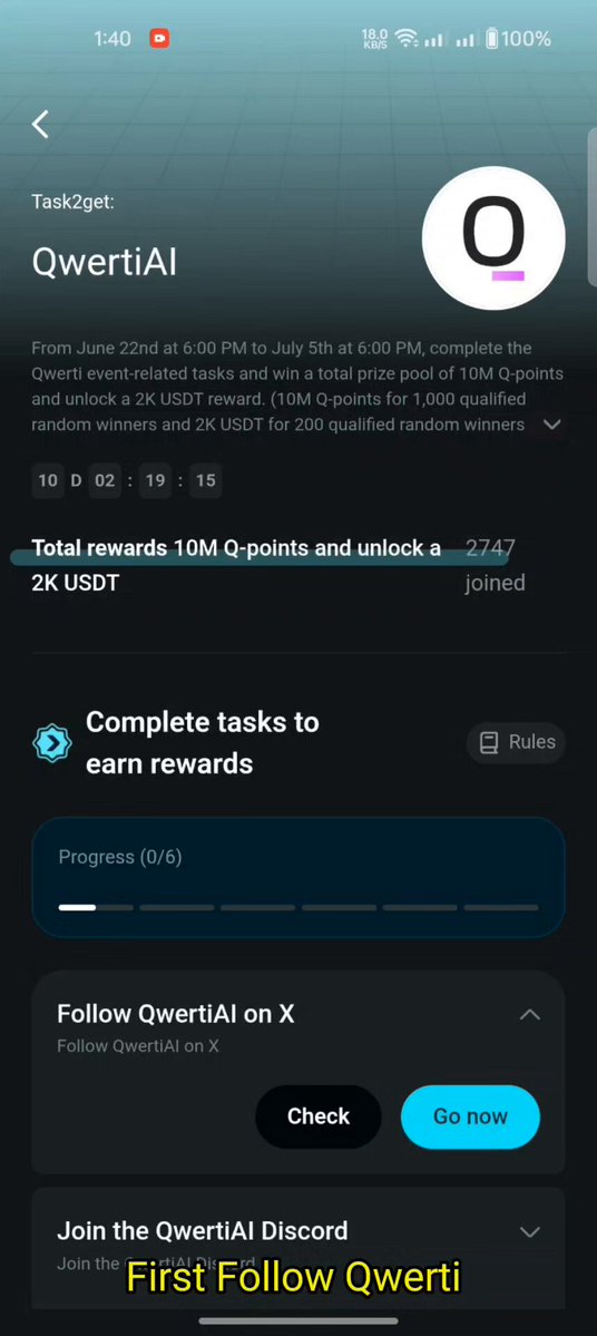 The image shows a cell phone screen displaying information about a completed task for a campaign called "@QwertiAI" and "@BitgetWallet Task2Get". The text on the screen indicates that all tasks have been completed, and there is a button labeled "Go now" to follow the first follower of this campaign.