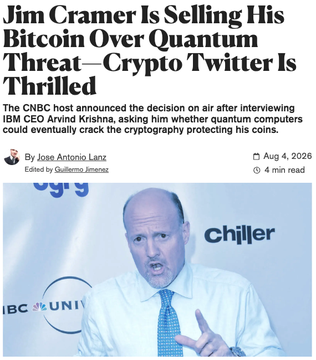 The image shows a news headline about Jim Cramer announcing he's selling his Bitcoin due to quantum computing threats, featuring a photo of Cramer gesturing during a CNBC interview. The image directly relates to the post's crypto market coverage, though Cramer's specific Bitcoin selling decision contrasts with the broader positive crypto market sentiment mentioned, including BTC's 1% gain to $64k and $380M in ETF inflows.