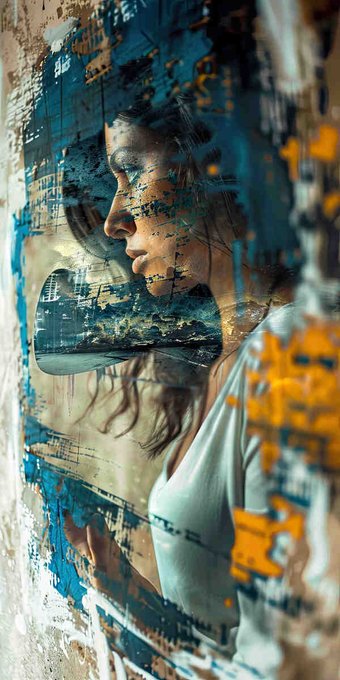 An artistic double-exposure image blending the profile of a woman with abstract blue and yellow paint textures and what appears to be a seascape.