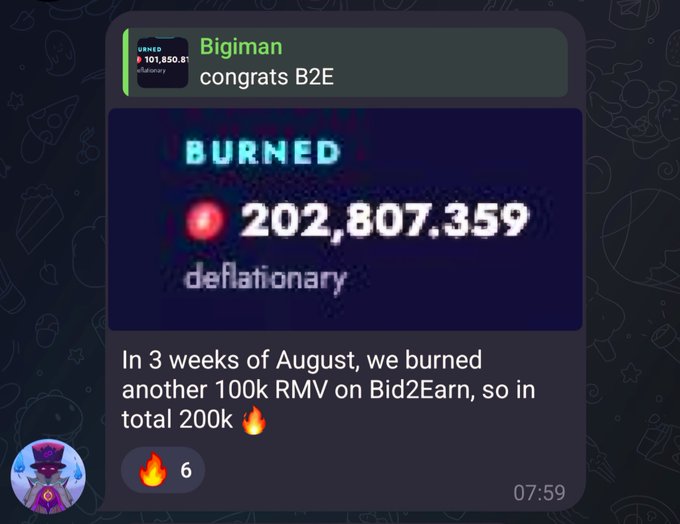 A Discord message from Bigiman celebrating the burning of 202,807.359 deflationary tokens, noting 200K RMV total burned on Bid2Earn over 3 weeks in August.
