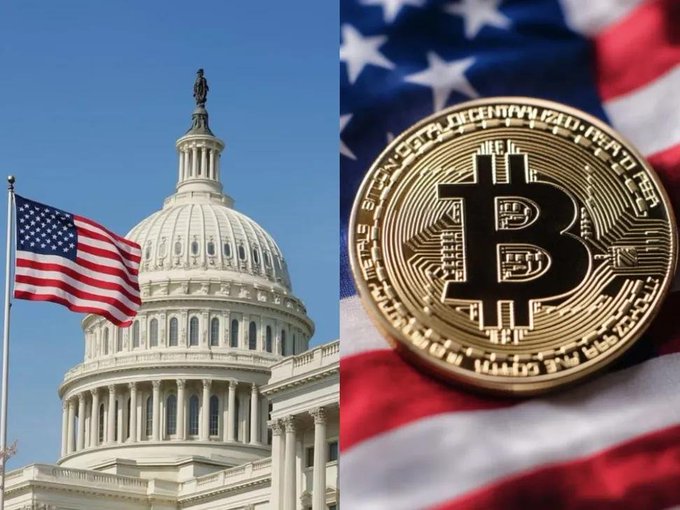 A split image shows the U.S. Capitol building with an American flag flying beside it on the left, paired with a physical Bitcoin token resting on an American flag on the right. The composition visually represents the intersection of U.S. legislation and cryptocurrency, aligning with the post about the White House reviewing the bipartisan CLARITY Act, a bill that would establish regulatory oversight for digital assets like Bitcoin.