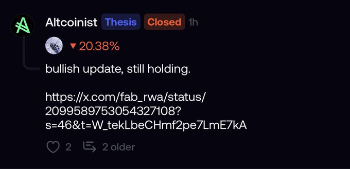 A Discord message from 'Altcoinist' in the 'Thesis' channel marked 'Closed' shows a -20.38% indicator and the text 'bullish update, still holding.' along with an X/Twitter link.