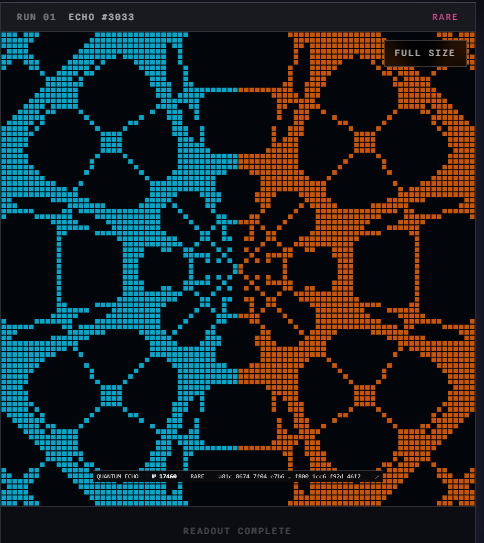 A pixel art image resembling a quantum computer readout displays a grid of blue and orange squares against a black background, labeled 'RUN 01 ECHO #3033' and 'READOUT COMPLETE'.