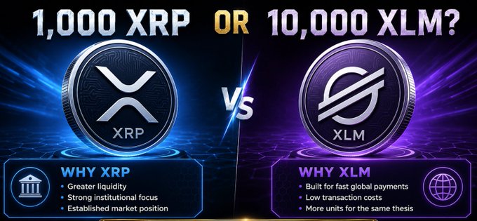 A graphic comparing cryptocurrencies, asking "1,000 XRP OR 10,000 XLM?" against a blue and purple background, highlighting XRP's liquidity and market position alongside XLM's fast global payments and low transaction costs.
