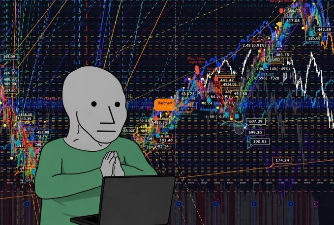 An NPC-style meme character with a blank expression uses a laptop in front of a chaotic background of stock/crypto charts with visible tickers like AAPL and BTC.