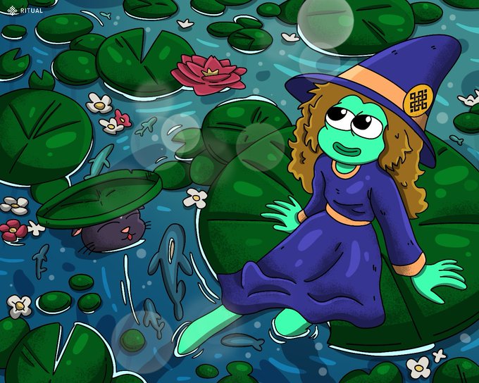 A cartoon illustration shows a green-skinned witch with curly hair and a purple hat/dress reclining on a lily pad in a pond full of flowers, bubbles, and a cat, with 'RITUAL' branding in the corner.