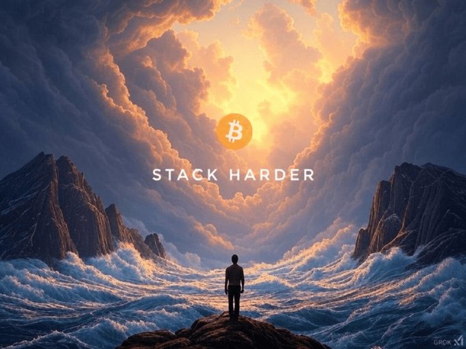 A digital artwork showing a silhouette of a person standing on a rock facing a turbulent ocean, with a Bitcoin logo styled as a sun in the sky and the text 'STACK HARDER'.