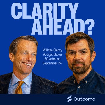 The image is a promotional graphic featuring two smiling men in professional attire against a blue background, with bold text reading "CLARITY AHEAD?" and a smaller question asking, "Will the Clarity Act get above 60 votes on September 15?" branded by Outcome. It relates to the post by highlighting a pivotal, market-moving moment tied to the upcoming Clarity Act vote, suggesting that the legislative outcome could trigger significant crypto market volatility worth trading.