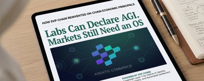 A tablet displays an article titled "Labs Can Declare AGI. Markets Still Need an OS" with a subheading "HOW SVP CHAIN REINVENTED ON-CHAIN ECONOMIC PRINCIPALS" and mentions "AGENTIC COMMERCE POWERED BY SVP CHAIN," aligning with the post's promotion of SVP Chain as real AI-agent infrastructure rather than just a concept.