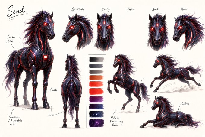 A concept art sheet titled 'Send' displays multiple angles and poses of a dark, mechanical horse with glowing red eyes and energy lines running across its body.