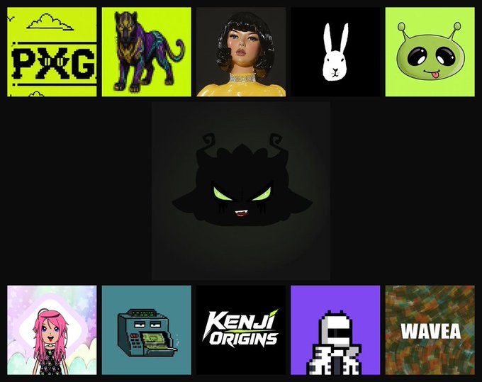 A grid of NFT project logos including PXG, a colorful panther, a stylish figure, a rabbit, a green alien, a dark horned creature, a pink-haired character, an arcade machine, "KENJI ORIGINS," a pixelated astronaut, and "WAVEA," representing various NFT mint announcements for September 2.