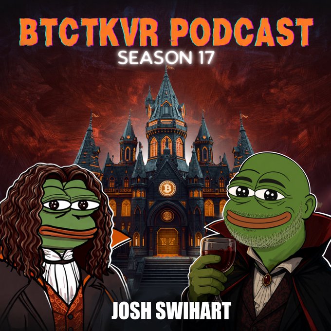 The image features a cartoon of two people dressed up as zombies with fake teeth, standing next to each other. The background shows an illustration of a castle or a large building, which adds to the spooky atmosphere. The text "btckvr podcast" is written above them, and "season 17" is also present in the image.