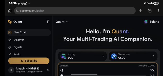 A screenshot of the TryQuant AI platform (app.tryquant.io/chat) showing a 'New Chat' interface for trading, with a Solana exchange panel displaying 'You pay SOL' and 'You receive USDC' under the username kingchris40th6953.