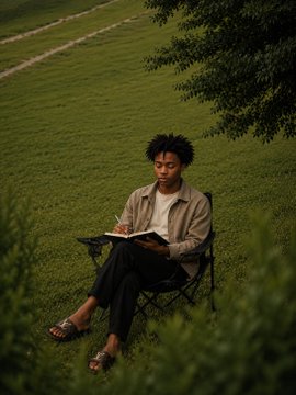 A woman with curly hair sits in a black folding chair on a grassy lawn, peacefully writing in a notebook while surrounded by greenery. The serene outdoor scene reflects the post's meditative mood, capturing the relaxed Saturday morning vibe of journaling and unwinding in nature.