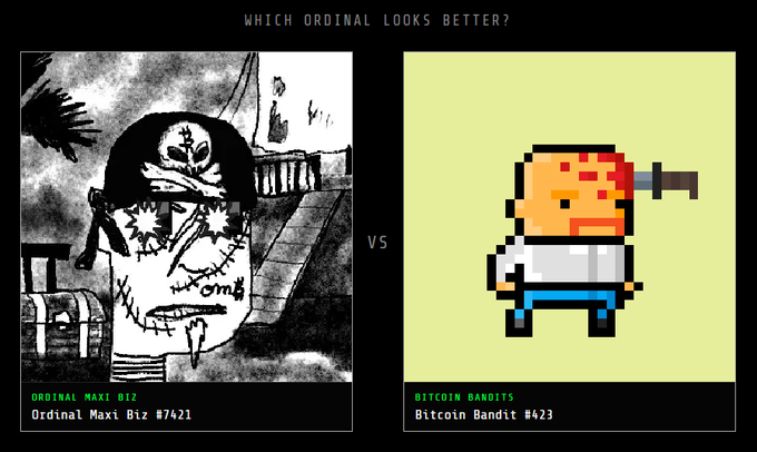 A comparison graphic asking 'WHICH ORDINAL LOOKS BETTER?' between 'ORDINAL MAXI BIZ #7421' (a hand-drawn pirate) and 'Bitcoin Bandit #423' (a pixel-art character).