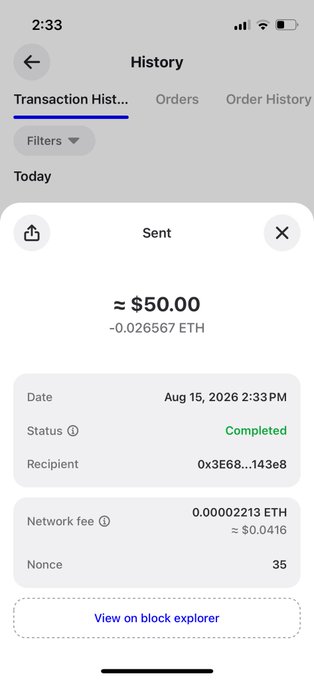 A mobile app screenshot shows a completed ETH transaction history entry, displaying a sent payment of approximately $50.00 (0.026567 ETH) on August 15, 2026, with a recipient address starting "0x3E68...14e8" and a network fee of ~$0.0416. The "Congrats / Who is next" caption suggests this is a screenshot being shared as proof of a successful crypto transfer or giveaway payout.