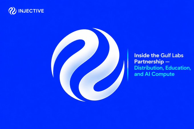 An Injective promotional banner on a blue background featuring the Injective logo and text reading 'Inside the Gulf Labs Partnership — Distribution, Education, and AI Compute.'
