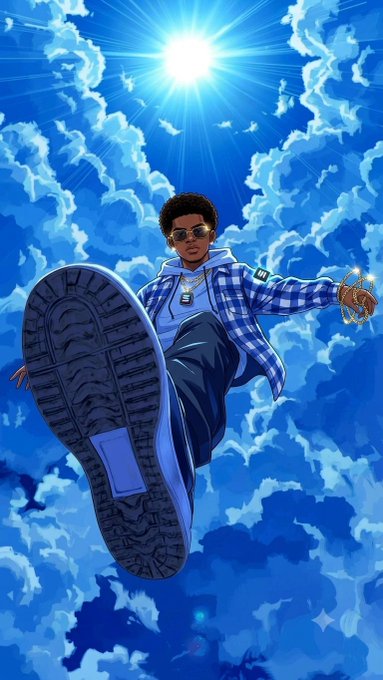 An anime-style illustration of a young man with sunglasses, a blue plaid shirt, and chain accessories, stepping forward with one foot thrust toward the viewer against a bright blue cloudy sky with a shining sun.