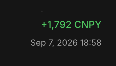 A simple display showing the text '+1,792 CNPY' in green and 'Sep 7, 2026 18:58' in white on a black background.