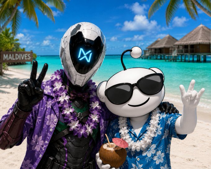 A futuristic armored figure wearing a sleek white helmet with a glowing blue "X" symbol and a tropical purple Hawaiian shirt with a floral lei strikes a peace sign alongside the iconic Reddit mascot "Skel" (Snoo) in sunglasses and a blue Hawaiian shirt holding a coconut drink on a sunny Maldives beach, perfectly illustrating the "$25 SOL Giveaway" post by matching its tropical giveaway vibe, featuring a visible "MALDIVES" sign and overwater bungalows in the background.