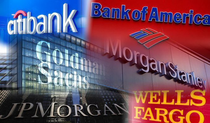 A composite image showing logos of major American banks including Citibank, Bank of America, Goldman Sachs, Morgan Stanley, JPMorgan, and Wells Fargo overlaid on city buildings.