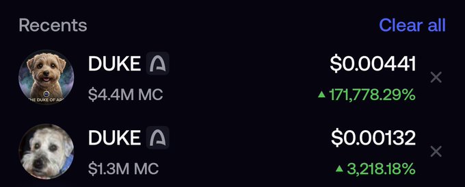 A crypto app screenshot showing 'Recents' with two DUKE tokens on Solana, both showing massive percentage gains (171,778.29% and 3,218.18%) with market caps of $4.4M and $1.3M.