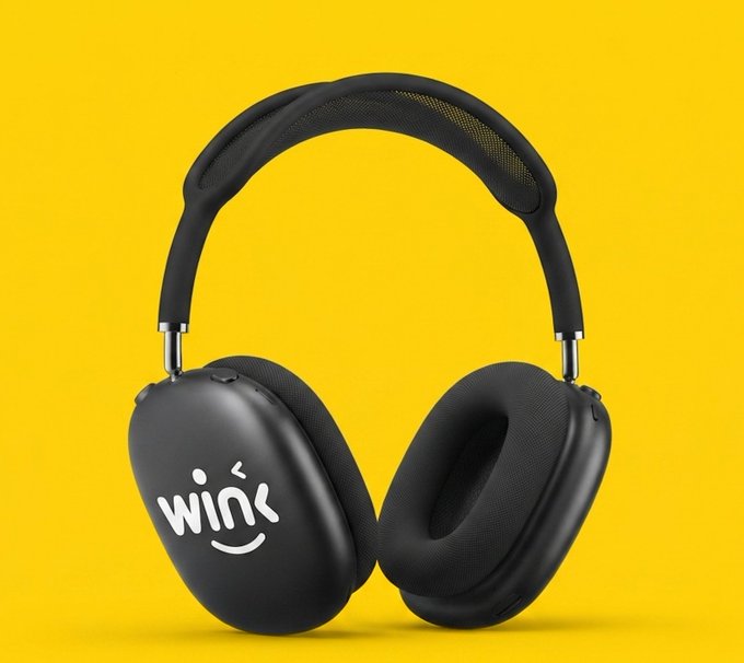 A pair of black over-ear headphones featuring the white 'Wink' logo (with a wink emoji face) on a yellow background.