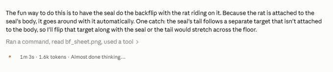 A screenshot of a technical note explaining an animation technique for a seal and rat, stating 'The fun way to do this is to have the seal do the backflip with the rat riding on it,' mentioning command-line usage of 'bf_sheet.png' with tool parameters '1m 3s · 1.6k tokens · Almost done thinking...'