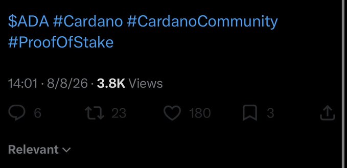 A dark screenshot showing Twitter/X hashtags '#ADA #Cardano #CardanoCommunity #ProofOfStake' with 3.8K views, 6 replies, 23 reposts, and 180 likes.