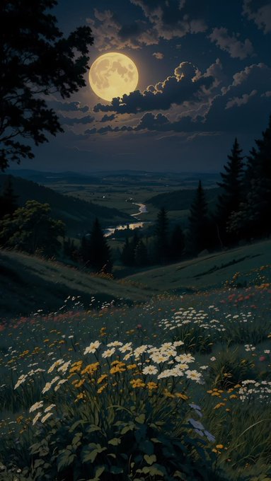 An illustrated nighttime landscape featuring a full moon in a cloudy sky, illuminating a meadow of white daisies and a valley with a winding river below.