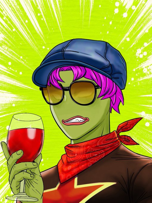 A vibrant cartoon illustration shows a green-skinned character with magenta hair, wearing a blue cap, sunglasses, and a red bandana, raising a glass of red wine against a radiant green background—evoking the celebratory, social tone of the poker tournament promotion for @DorianPepentice.