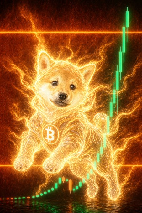 A fiery, glowing Shiba Inu dog depicted with the Bitcoin logo on its chest, set against a dramatic background featuring a green financial candlestick chart trending upward.