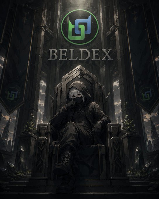 Dark fantasy artwork featuring the Beldex logo above a hooded character seated on a throne, with banners displaying the Beldex emblem on either side.