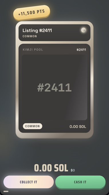 A mobile screenshot of a Kimji Pool NFT marketplace interface displays a "COMMON" listing #2411 valued at "0.00 SOL," accompanied by a "+11,500 PTS" badge. The image visually supports the user's complaint about receiving a worthless common card, reinforcing their frustration about the lack of value and prompting their choice to "COLLECT IT" or "CASH IT" instead of continuing to rip packs.