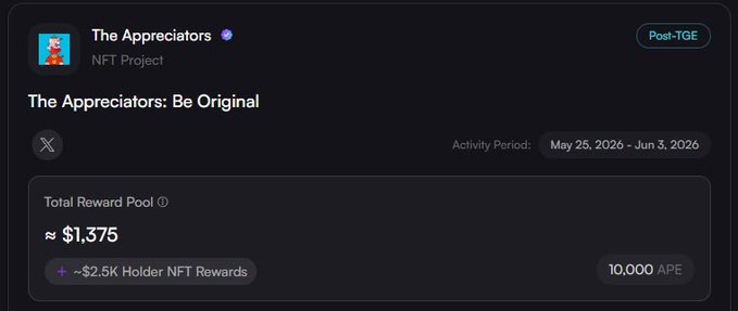 The image shows a screenshot of an app called "The Appreciators" that has been used to promote a fundraising campaign. The campaign, named "The Appreciators: Be Original", aims to raise funds for a charity by rewarding users with NFTs (Neo Tokens) in exchange for donations. The post highlights the total reward pool and the activity period of May 25, 2016 - June 3, 2016. It also mentions that there are 10,000 tokens available for this campaign, valued at $1,375 each.