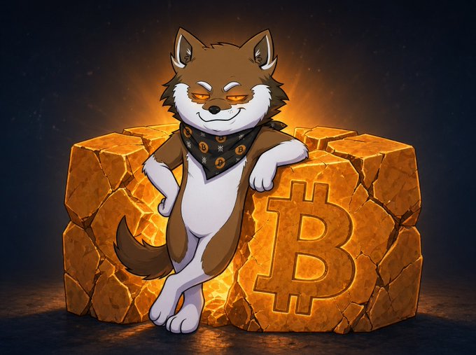 An illustrated cartoon wolf/dog character wearing a bandana, standing confidently next to a glowing golden block featuring the Bitcoin logo.