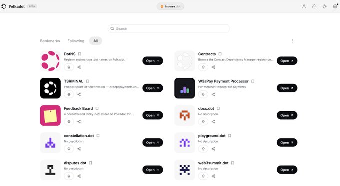 This screenshot shows the "Browse" page of the Polkadot Products Devnet at browse.dev-dot.li, featuring various deployed applications like DotNS, T3RMINAL, and Contracts. The user is prompted to choose an application from this list.
