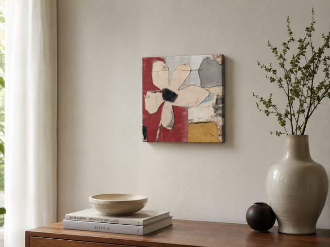 A still life featuring an abstract floral canvas painting in red, gray, and white, displayed above a wooden console table holding books (including 'JOSEF ALBERS' and 'KINFOLK'), a ceramic bowl, and a vase with branches.