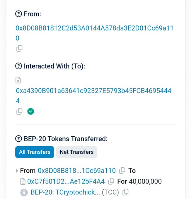 A blockchain explorer showing a BEP-20 token transfer of 40,000,000 TCryptochick (TCC) tokens between two wallet addresses.