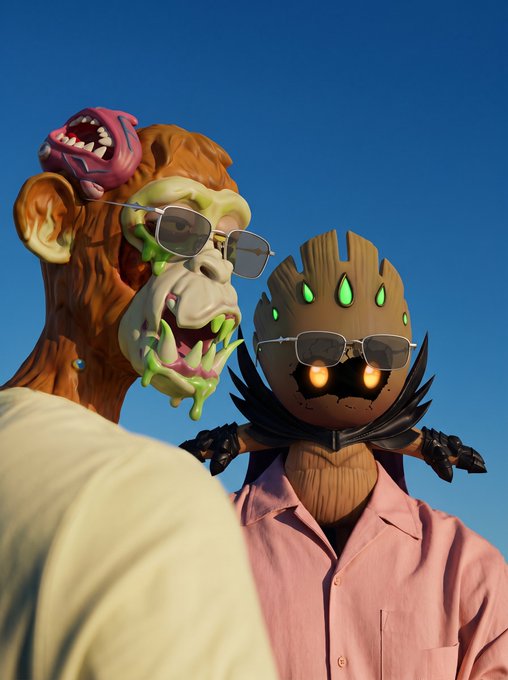 A surreal image featuring a monstrous creature with a second, smaller screaming face attached to its head, wearing sunglasses and a t-shirt, alongside a wooden Groot-like figure with glowing green accents and sunglasses, set against a clear blue sky.