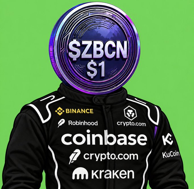 A graphic illustration of a person wearing a black racing suit branded with cryptocurrency logos including Binance, Robinhood, crypto.com, Coinbase, Kraken, and KuCoin, with a coin displaying '$ZBCN $1' for a head on a green background.