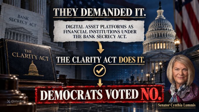 A political graphic by @stedas features Senator Cynthia Lummis, displaying 'THEY DEMANDED IT,' 'THE CLARITY ACT DOES IT,' and 'DEMOCRATS VOTED NO.' regarding digital asset platforms as financial institutions.