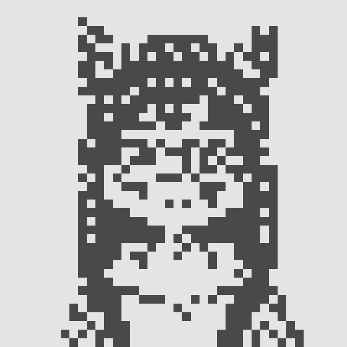 A pixel art portrait of a cat or similar animal wearing a patterned hat, rendered in dark blue and white.