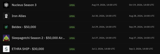 List of open bounties including Nucleus Season 3, Iron Allies, Beldex - $50,000, Sleepagotchi Season 2 - $50,000, and ETHRA SHIP - $30,000, all with 2026 dates.